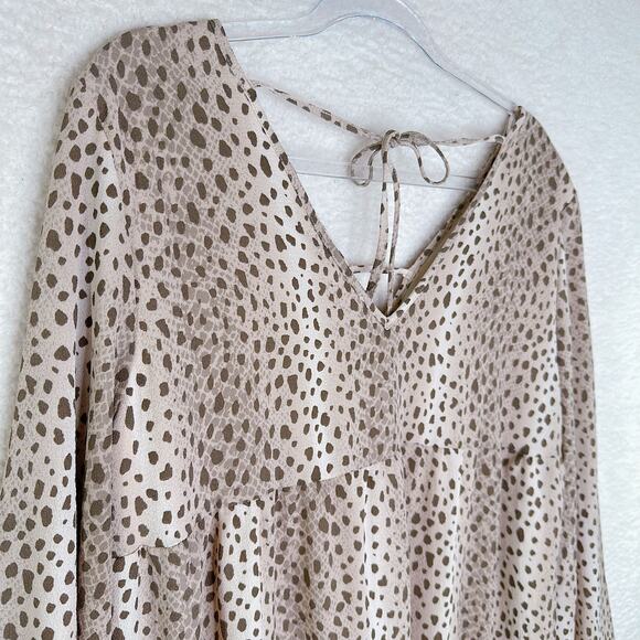 Altar'd State Dress Womens Medium Tan Brown Dot Boho Ruffle Tiered Flare Sleeve - Picture 9 of 13